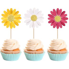 24 PCS Daisy Cupcake Toppers Glitter Contlull Daisy Cupcake تختار زخارف كعكة عيد ميلاد البرية زخارف كعكة الكريسانثيموم لالتقاطات الربيع موضوع حفل زفاف عيد ميلاد الطفل لوازم حفلات الزفاف