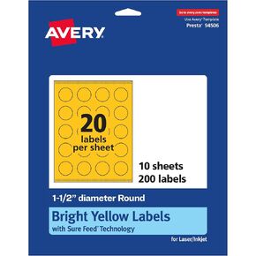 ملصقات مستديرة قابلة للطباعة Avery مع تقنية الأعلاف المؤكدة ، وقطرها 1-1/2 بوصة ، وعلامات صفراء زاهية ، وطباعة إلى الحافة ، والليزر/الحبر ، و 400 "، ومجموعًا للملصقات وملصقات الشموع