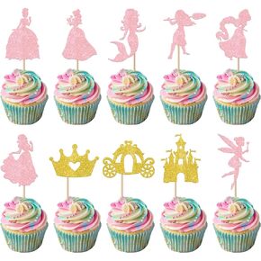 RSSTARXI 40 Pack Princess Cupcake Topcake Glitter Mermaid Girl Castle Carriage Crown Cupcake Bicks for Fairy Princess موضوع استحمام الطفل فتيات عيد ميلاد ديكورات الكعكة اللوازم الملونة
