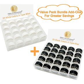 تشمل الإضافات الجديدة لحزمة حزمة BrothRead Back Back لعشاق التطريز الماكينة 25pcs 90wt مؤشر ترابط - أبيض + 25pcs 60wt بوكس ​​مؤشر ترابط - أسود