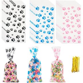 Boutigem 60pcs Paw Print Cellophane Treatced أكياس الكلب PAW حفلة تفضيل الحقائب مع تويست العلاقات البلاستيكية واضحة الكوكيز هدايا التعبئة أكياس الحيوانات