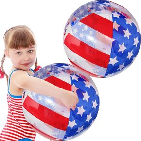 2 Pack Patriotic Beach Balls Filled with Stars Confetti Patriotic 4th of July Summer Inflatable Swimming Pool Party Supply