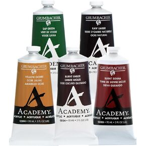 Grumbacher Academy Professional Acrylic Paint Set of 5 90ml Earth Tones Colors - Metal Tubes - Heavy Body Professional Grade Artist Paint with Genuine and Pure Pigments - ASTM Lightfast Colors