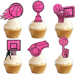 18pcs Pink Glitter Basketball Dessert Cupcake Topper Pick for Play Basketball Theme Decor Supplies Men Boys Women Girls Happy Birthday Sports Stars Party Decorations