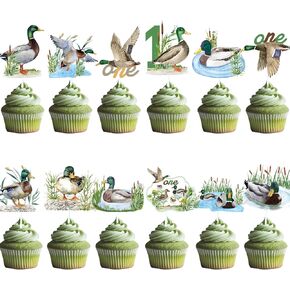 Lucky One Duck Decirt Decorations - Aposwow 24pcs Hunting Birthday Party Decorations Funder Mallard Cupcake Toppers Cake Decoration Lucky One Duck First Party Supplies for Boys Girls