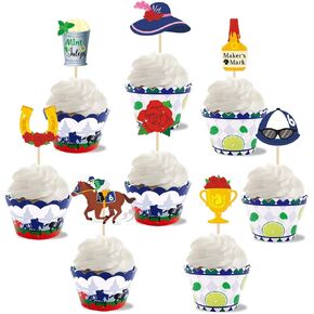 Kitticcino 24 PCS Horse Derby Cupcake Toppers and Wrappers ، و Scening Party Decorations Derby Deared Supplies Range for the Roses Cake Toppers for Horse Derby Party