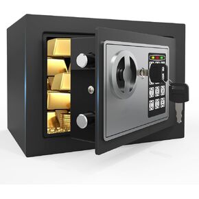 Batron Small Safe Box For Money with Code and Keys ， Solid Mini Safe for Kids with Digital Security Selection elepad for Home Office Hotel ، Forferal Money Fafes for Cash ، 0.236 Cuft (Black)