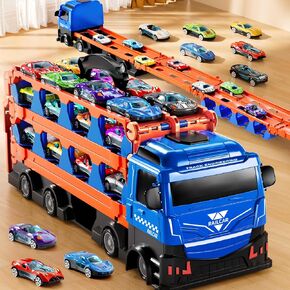 Kids Truck Toy for Boys Age 3-8, Carrier Truck Racing Track Playset, Transport Car Truck with 12 Die-cast Racing Cars Toys, Boys Toys for 3 4 5 6 7 8 Years Old, Toddler Gifts Age 3-5 4-7 (Blue)