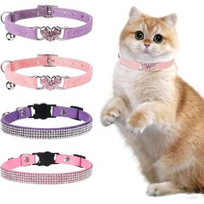 Breakaway Cat Collars with Bell, 4 Pcs Rhinestone Cat Collars, Soft Velvet Fancy Cat Collar, Heart Bling Girl Cat Collar, Adjustable Safety Kitten Collar, Princess Cat Collar