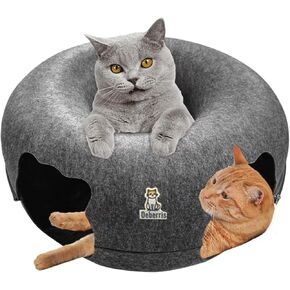 Peekaboo Cat Cave Bed Sunnel تصميم ثنائي المستوى مع سرير دونات ونفق اثنين من النوافذ التفاعلية ذات الحبيبات الصديقة للبيئة ، وسهلة التنظيف الفسيحة للقطط الكبيرة والكلاب الصغيرة (رمادي فاتح ، كبير)