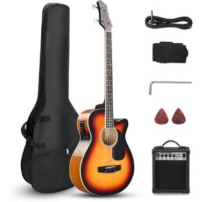 Ktaxon Acoustic Electric Bass Guitar Kit, 4 String Full Size Acoustic Bass Guitar with 15W Amp, Portable Gip Bag, Adjustable Bag Strap, Replacement String, Premium Cable, Picks and Wrench(Blue)