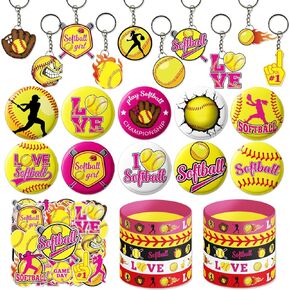 M Amfeov Softball Decortations ، 80pc ، تشمل زينة حفلة عيد ميلاد Softball 10 أساور ، ومسامير أزرار 10 ، و 10 سلاسل مفتاحية ، و 50 ملصقًا ، وزينة للحفلات ذات طابع الكرة اللينة الممتعة