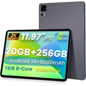Azeyou Tablet 12 inch Android 14 Tablet, 20(8+12) GB RAM 256GB ROM (Expandable to 1TB), Unisoc T616 CPU, 8000mAh Battery, 18W PD Fast Charger, 4 Speakers, 5G WiFi + 4G LTE, Dual 13+5MP Camera, GPS.