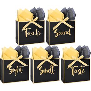 5 Senses Gift Bags, Metallic Sight Smell Touch Taste Sound Gift Bags,Five Senses Gift Bag for Him with Handles and Tissue Paper for Birthday, Mothers Day, Anniversary, Christmas(12 x 10 x 4 Inch)