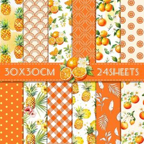 Summer Fruit Scrapbook Paper - 24 Sheets Watercolor Orange Pattern Paper 12" x 12" Fruit Citrus Pineapples Double-Sided Decorative Craft Papers for Summer Theme Scrapbooking Background DIY Card Making