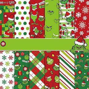 12 Designs 24 Sheets Christmas Scrapbook Paper, Grinch Pattern Double-Sided Craft Paper for Card Making, Scrapbook, Photo Album Decor, 30 x 30cm