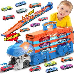 Dinosaur Transport Truck Car Toy for Kids - 3 in 1 Ejection Folding Track Toys w/Sound, Portable Truck with 8 Race Cars, Best Gift Carrier Vehicles Toys Set for Boys Girls 3 4 5 6 Years Old in Kuwait