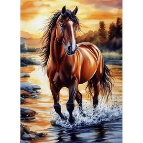 Lxmsja Horse Diamond Art Kits للبالغين ، نهر DIY مجموعات الطلاء الماس الكاملة للمبتدئين للمبتدئين ، الحرف الفنية للأحجار الكريمة 5D للبالغين ، ديكور الجدار المنزلي 12x16 بوصة