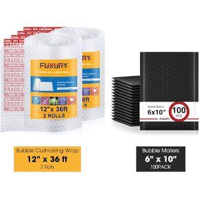 Fuxury Bubble Cushioning Wrap 2 Pack 12 inch x 72 ft Total for Packing and Moving + Bubble Mailers 6x10" 100 Pack Black Thick Padded Envelopes Usable Size 6x9" for Shipping Mailing Small Business