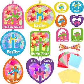 Qyeahkj 36 مجموعة Easter Suncatchers Kit Kit Kerction Church Tissue Paper Paper Crafts He is Risen DIY Window Window Decor