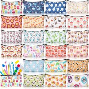 Sherr 24 Pcs Cartoon Zipper Pencil Case Bulk Cute Cartoon Animal Pen Pouch Bag Multicolor Canvas Organizer Stationery Storage Back to School Gift for Friend Classroom Office Travel Supplies