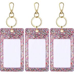 Weewooday 3 PCS Glitter ID Badge حامل للنساء 3 بوصة معرف الوردي مقطع مفتاح سلسلة سلسلة KPOP Photocard حامل مع حلقة رئيسية للنساء ممرضة العمل المعلمة
