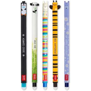 LEGAMI - Set of 5 Erasable Gel Pens with Thermosensitive Erase Ink, Range of ink colours & barrel designs, 0.7mm Tip, Penguin, Panda, Llama, Bee, & Hippo