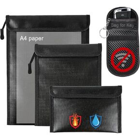 4 Pack Waterproof Fireproof Money Document Bags with a Faraday bag for car keys Fob Protector, Resistant Storage Organizer Pouch for Cash Documents, Secure Protection for Valuables