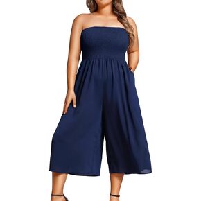 Pinup Fashion حجم كبير حللا النساء التستر عادية قبالة الكتف حمالة بنطال ذو قصة أرجل واسعة رومبير مع جيوب in Kuwait