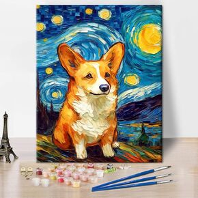 Rebotipy Paint بأرقام للبالغين Corgi Portrait Come Paint by Number Starry Night Paints 'Paint by Number Kits Animal Acrylic Painting Art Crafts 16x20 In