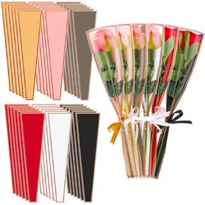 Kosiz 300 PCS Single Rose Sleeve 6 Colors Plastic Plaging Flower Flower Flass Flugh Bags Gold Gold Edge Bags Floral Stording Supplies for Mother's Valentine Day Gift