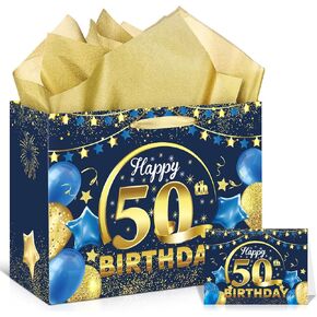 Blue 50th Birthday Gift Bag - Large Navy Blue Gold Happy Birthday Wrapping With Greeting Card, Tissue Paper for Men Women 50 Years Old Anniversary Party Favors Goodie Wrap Supplies