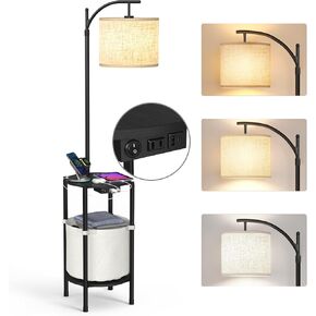 JACKYLED Arc Floor Lamp for Living Room with Rotating Lift, End Table with 3 Color Temperature Reading Light, Side Table Lamp with Storage and USB & Type C & AC Charging Port for Couch, Bedroom