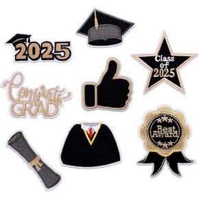 8pcs Class of 2025 Iron on Patches, Graduation Patches Sew on Congrats Grad Embroidered Appliques Decorative Emblem Gifts for DIY Crafts Clothing Jeans Hat Jacket Backpack
