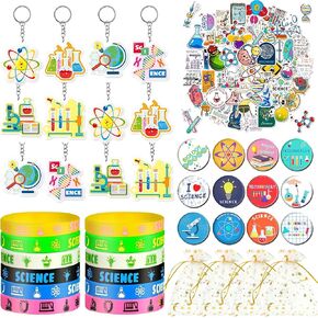 Tazimi 98 PCS Science Party Favors Scientist Chemistry موضوع حفلة عيد ميلاد مع ملصقات أزرار مفاتيح العلوم دبابيس وأكياس لحزب العلم
