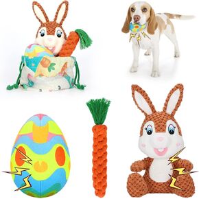 Bwogue 4pcs easter dog toy kit ، لعبة عيد الفصح ، لعبة عيد الفصح ، لعبة الكلب ، مع صرير وورق متهالك ، لعبة مضغ ، لعبة حبل ، حبل الكلاب ، لتنظيف الأسنان ، وهدايا للجرو ، الكلاب الصغيرة المتوسطة