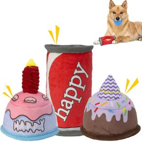 لعبة Deceaky Dog Toy Date Chew Toys Long-Lastaring Birthday Cake Ball Dog Toys 3 عبوات تفاعلية لساعات من المتعة المضغ ، مجموعة لعبة الجراء ، للكلب الصغير والمتوسط ​​للجرو