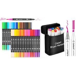 Caliart 34 Double Tip Brush Pens Art Markers, 18 Colors Brush & Chisel Double Tip Alcohol Art Markers, Drawing Pens Permanent Markers Mothers Day Gift for Mom Kids Artist Adult Cards Drawing
