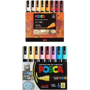 حزمة علامات posca ، 16 علامات الطلاء المتوسطة 5M - 8 نغمات دافئة + 8 نغمات ناعمة