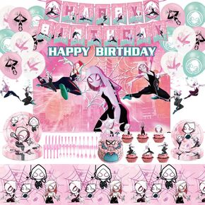Pink Spider موضوع ديكورات عيد ميلاد كاريكاتير لوازم ، بما في ذلك لافتة عيد ميلاد ، مفرش المائدة ، الخلفية ، دوامات معلقة ، بالونات ، أغطية الكعك ، أطباق ، شوكات ، ملاعق لحفلة عيد الميلاد