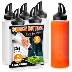 6 Pcs 12Oz Refillable Squeeze Bottles for Sauces Leak-Proof - Clear Plastic Squeeze Bottles Condiment Squeeze Bottles Squirt Bottles for Sauces Squeeze Bottles for Liquids - Sauce Bottles Squeeze 12Oz