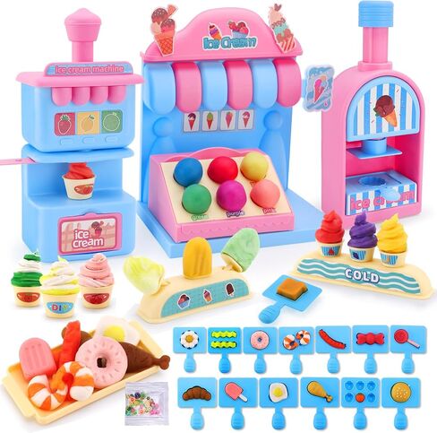 Ice Cream Shop Color Dough Set, 71PCS Kitchen Creations Toys, Play Store Counter Set with Ice Cream Maker, Pretend Play Accessories Kit Playset for Toddlers Kids Girls Ages 3-5 (24 Doughs) in Saudi Arabia