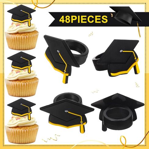 Chunful 48 Pieces Graduation Cap Cupcake Rings Grad Cake Toppers Congrats Grad Cap Cupcake Supplies for Graduation Theme Party Cake Decoration (Gold) in Saudi Arabia