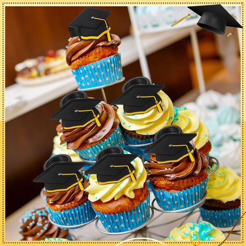 Chunful 48 Pieces Graduation Cap Cupcake Rings Grad Cake Toppers Congrats Grad Cap Cupcake Supplies for Graduation Theme Party Cake Decoration (Gold) in Saudi Arabia