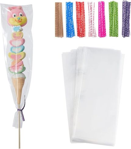 Tendwarm 100 Pcs 4x11 Inch Clear Long Cello Cellophane Treat Bags with 7 Mix Colors Twist Ties Perfect for Birthday Favor Candles Pretzel Icy Candy Popsicle in Saudi Arabia