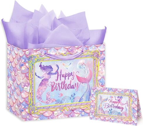 13" Large Mermaid Birthday Gift Bag with Handle, Mermaid Gift Bag for Kids Girls Include Mermaid Birthday Bag Tissue Paper and Card in Saudi Arabia