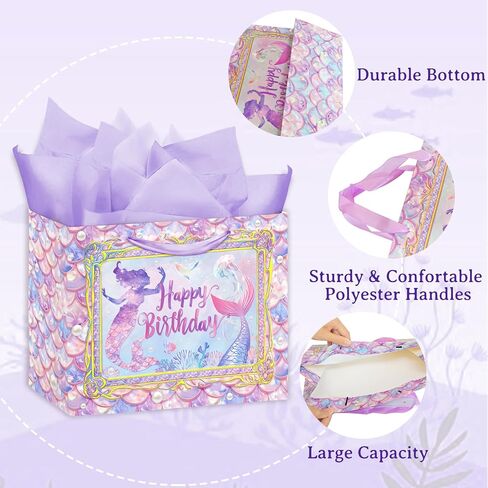 13" Large Mermaid Birthday Gift Bag with Handle, Mermaid Gift Bag for Kids Girls Include Mermaid Birthday Bag Tissue Paper and Card in Saudi Arabia