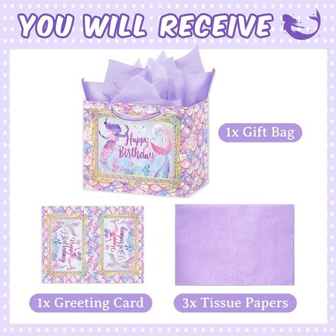 13" Large Mermaid Birthday Gift Bag with Handle, Mermaid Gift Bag for Kids Girls Include Mermaid Birthday Bag Tissue Paper and Card in Saudi Arabia