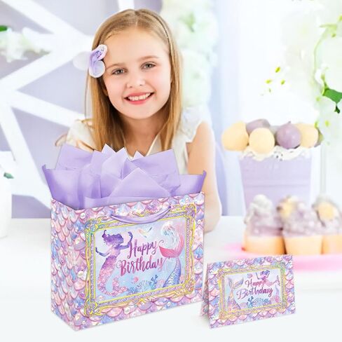 13" Large Mermaid Birthday Gift Bag with Handle, Mermaid Gift Bag for Kids Girls Include Mermaid Birthday Bag Tissue Paper and Card in Saudi Arabia