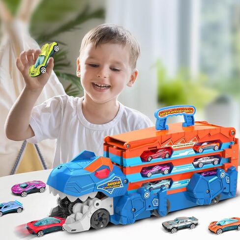 Dinosaur Transport Truck Car Toy for Kids - 3 in 1 Ejection Folding Track Toys w/Sound, Portable Truck with 8 Race Cars, Best Gift Carrier Vehicles Toys Set for Boys Girls 3 4 5 6 Years Old in Kuwait